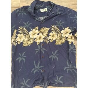 KY'S Made in Hawaii Mens Navy Blue Hibiscus Palm Tree Aloha Shirt XL